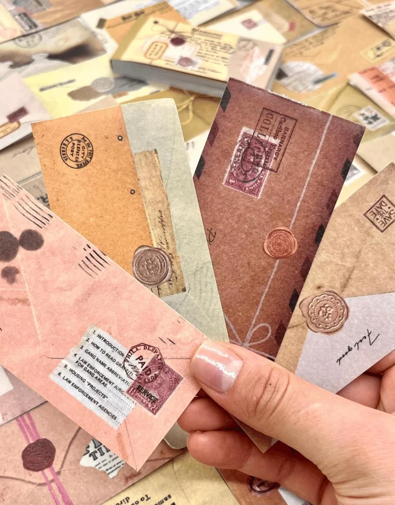 كاغيت جيمي دوكان Vintage Letter and Envelope Patterned 50 Sheets Yellow Notebook Sticker / Bullet Journal / Scrapbook