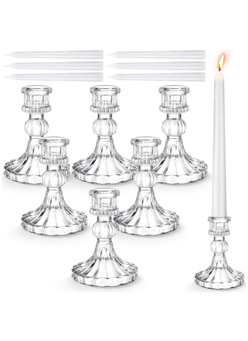 Generic 12 Pcs Candlestick Holders with Tall White Taper Candles 6 Pcs Glass Candle Holder 6 Pcs Cotton Wicked Dinner Candles for Wedding Anniversary Dining Room Table (Clear)  - Image 1