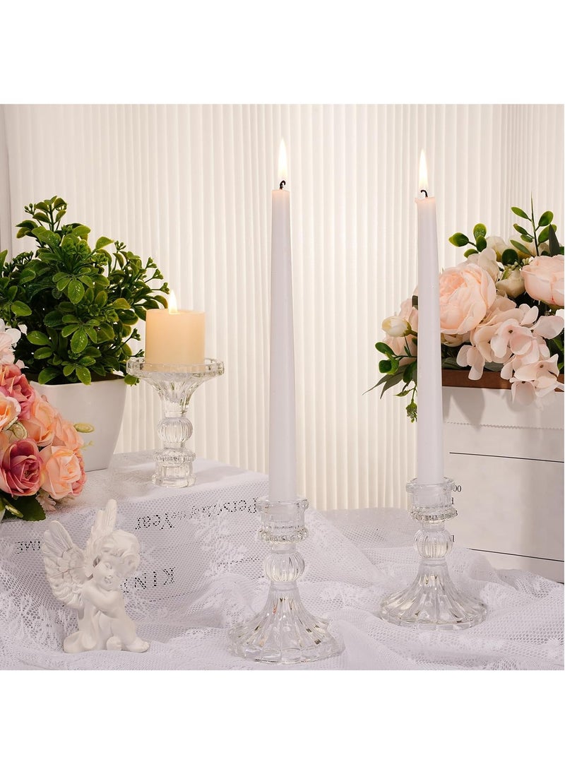 Generic 12 Pcs Candlestick Holders with Tall White Taper Candles 6 Pcs Glass Candle Holder 6 Pcs Cotton Wicked Dinner Candles for Wedding Anniversary Dining Room Table (Clear)  - Image 2