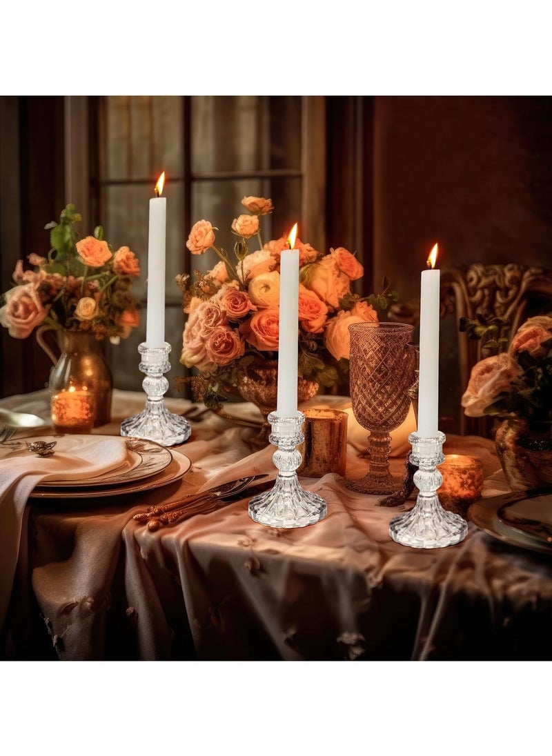 Generic 12 Pcs Candlestick Holders with Tall White Taper Candles 6 Pcs Glass Candle Holder 6 Pcs Cotton Wicked Dinner Candles for Wedding Anniversary Dining Room Table (Clear)  - Image 3