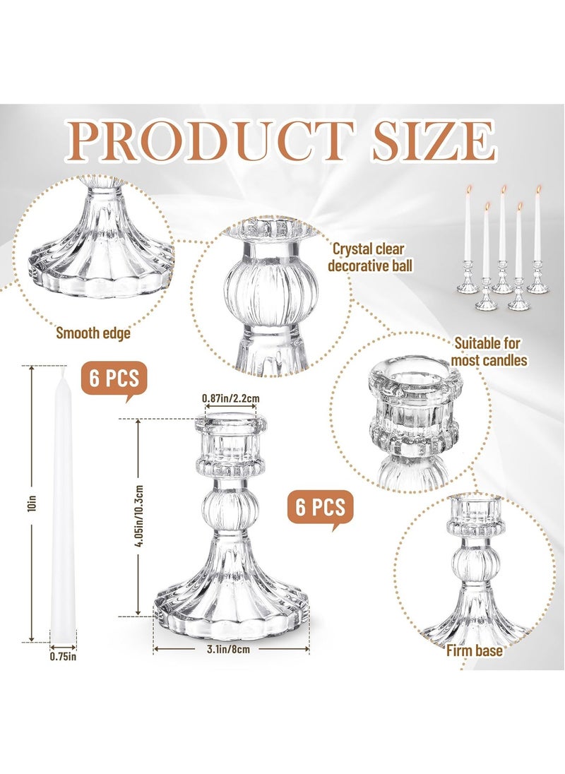Generic 12 Pcs Candlestick Holders with Tall White Taper Candles 6 Pcs Glass Candle Holder 6 Pcs Cotton Wicked Dinner Candles for Wedding Anniversary Dining Room Table (Clear)  - Image 4