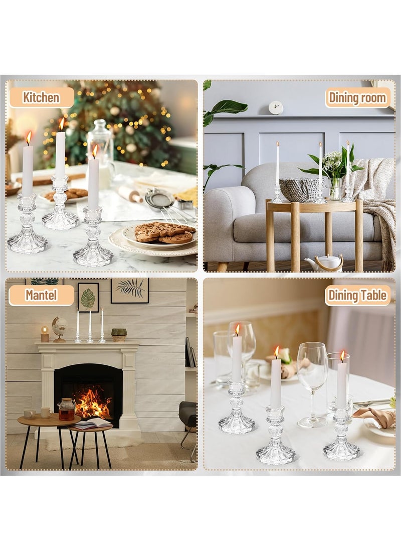 Generic 12 Pcs Candlestick Holders with Tall White Taper Candles 6 Pcs Glass Candle Holder 6 Pcs Cotton Wicked Dinner Candles for Wedding Anniversary Dining Room Table (Clear)  - Image 5