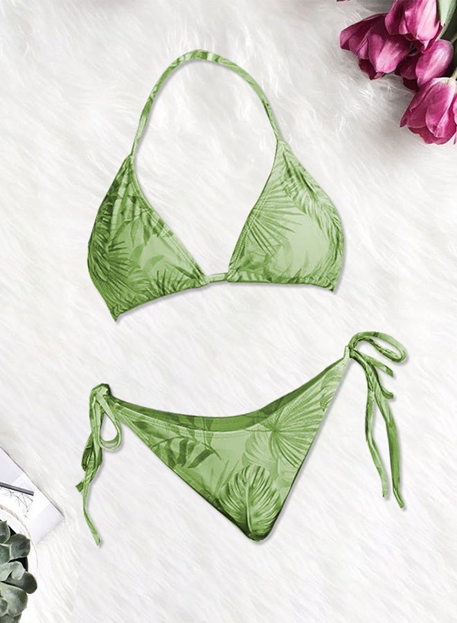 MARGOUN Small Size Three-piece Digital Printing Bikini Ladies Beach Sunscreen Blouse Swimsuit Long Lace Dress Sheer Dress Sheer Kimono Dress Green /M3109 - Image 2