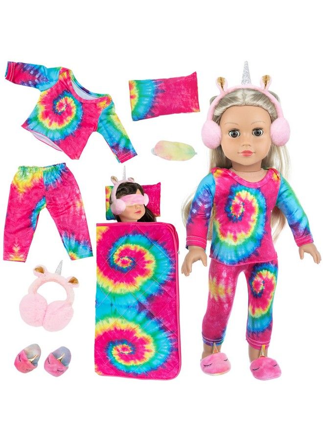Ecore Fun 18 Inch Girl Doll Clothes And Accessories Setcolorful Tiedyed Sleeping Bag Pajamas Eye Masks Earmuffs Pillow Fits 18 Inch Doll - Image 1