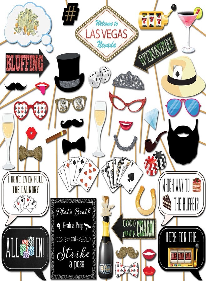 Outside The Booth Casino Photo Booth Props - 41-pc Selfie Props with 8 x 10-Inch Sign, 60 Adhesive Pads, 45 Sticks - Las Vegas Party Decorations - Casino Theme Props - Game Night Photo Booth Props - Image 1