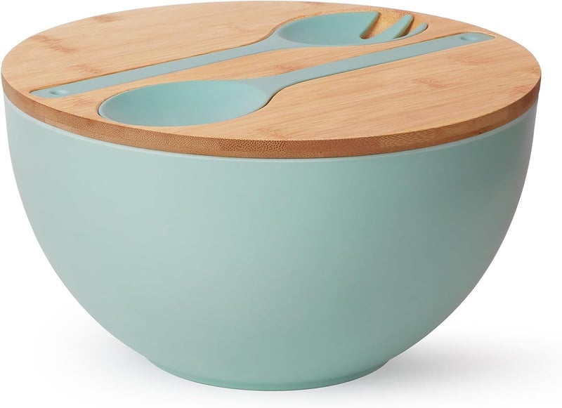 ECOHAGOU 113 Extra Large Salad Bowl with Wooden Lid  Servers 208Oz Oversized Bamboo Fiber Salad Serving Set with Utensils for HomeKitchen Big Lightweight Bowl for Mixing SaladFruitPasta  Turquoise - Image 1