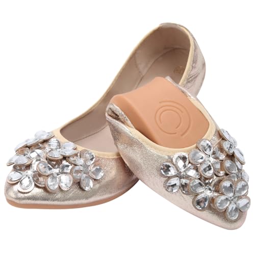 KUNWFNIX Women Ballet Flats Rhinestone Wedding Ballerina Shoes Foldable Sparkly Comfort Slip on Flat Shoes - Image 1