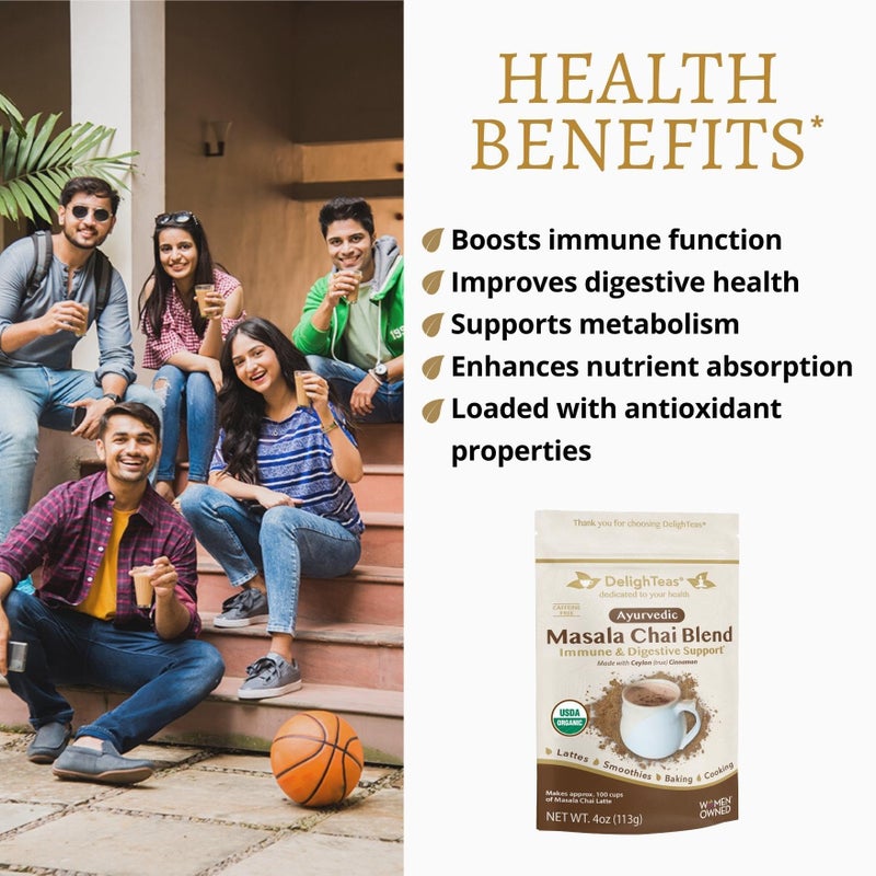 DelighTeas Organic Masala Chai Powder | Caffeine free, Unsweetened, Vegan, Keto | Ayurvedic Digestive Support blend for Chai Spice Tea | 100 Servings, 4oz - Image 3