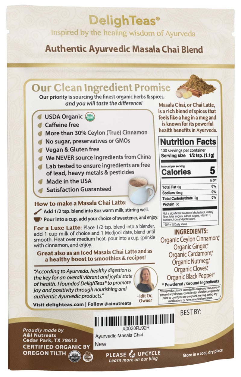 DelighTeas Organic Masala Chai Powder | Caffeine free, Unsweetened, Vegan, Keto | Ayurvedic Digestive Support blend for Chai Spice Tea | 100 Servings, 4oz - Image 4