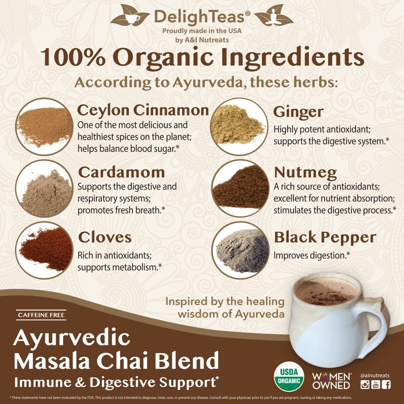 DelighTeas Organic Masala Chai Powder | Caffeine free, Unsweetened, Vegan, Keto | Ayurvedic Digestive Support blend for Chai Spice Tea | 100 Servings, 4oz - Image 5