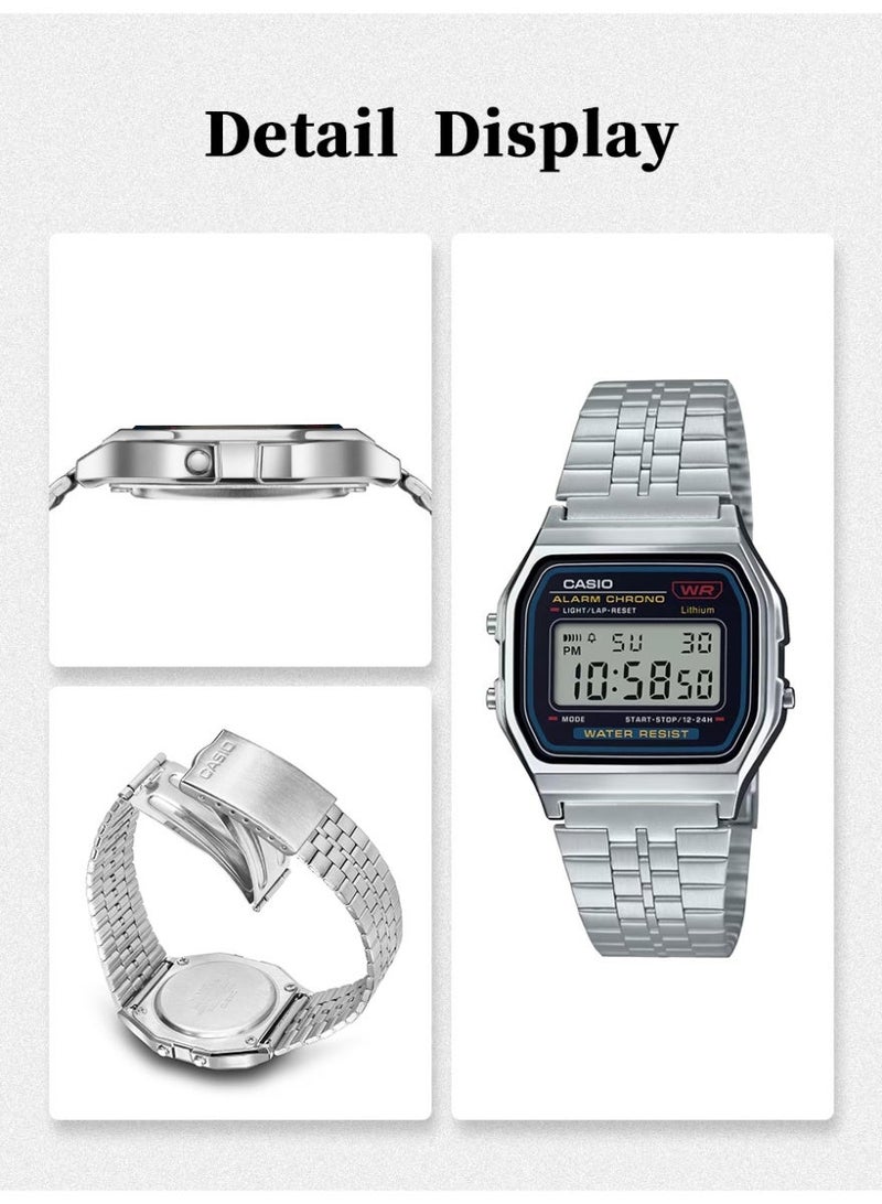 Casio Vintage Unisex Digital Watch, Classic Square Dial, Stainless Steel Bracelet, LED Light, Stopwatch, 3ATM Water Resistant A159W-N1 - Image 5
