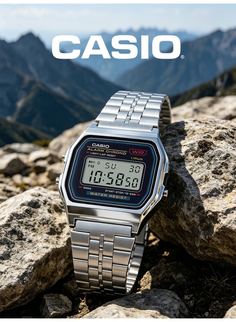 Casio Vintage Unisex Digital Watch, Classic Square Dial, Stainless Steel Bracelet, LED Light, Stopwatch, 3ATM Water Resistant A159W-N1 - Image 1