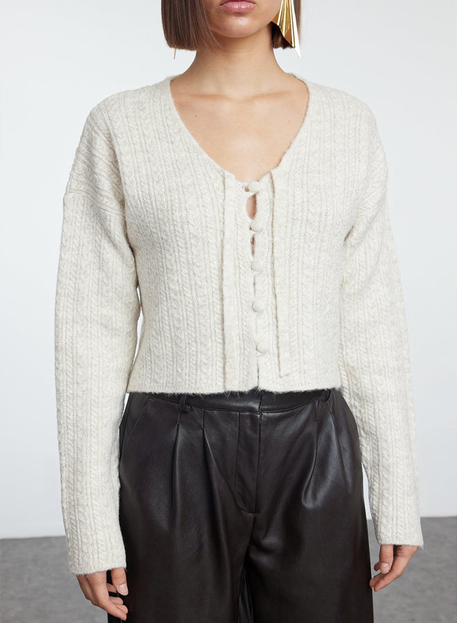 trendyol Stone Button Detailed Crop Soft Textured Lacing Detailed Knitwear Cardigan - Image 3