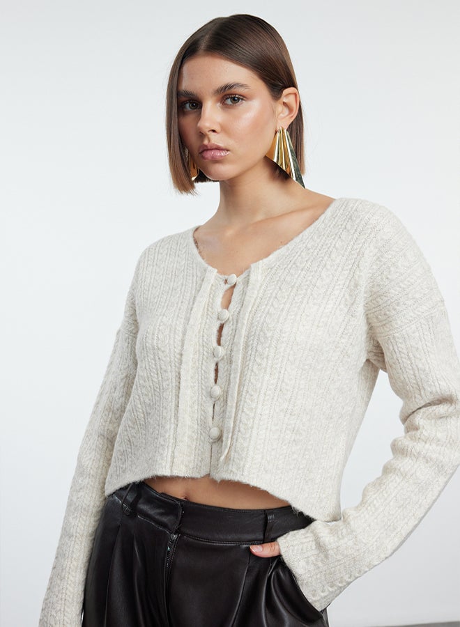 trendyol Stone Button Detailed Crop Soft Textured Lacing Detailed Knitwear Cardigan - Image 1