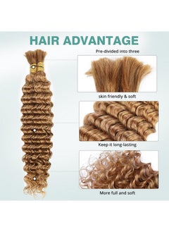 Deep Wave Bulk Human Braiding Hair 100G 24 Inch Honey Blonde Human Braiding Hair For Boho Braids 2 Bundles/Pack No Weft Color 27# Brazilian Human Braiding Hair Extensions For Micro Braiding