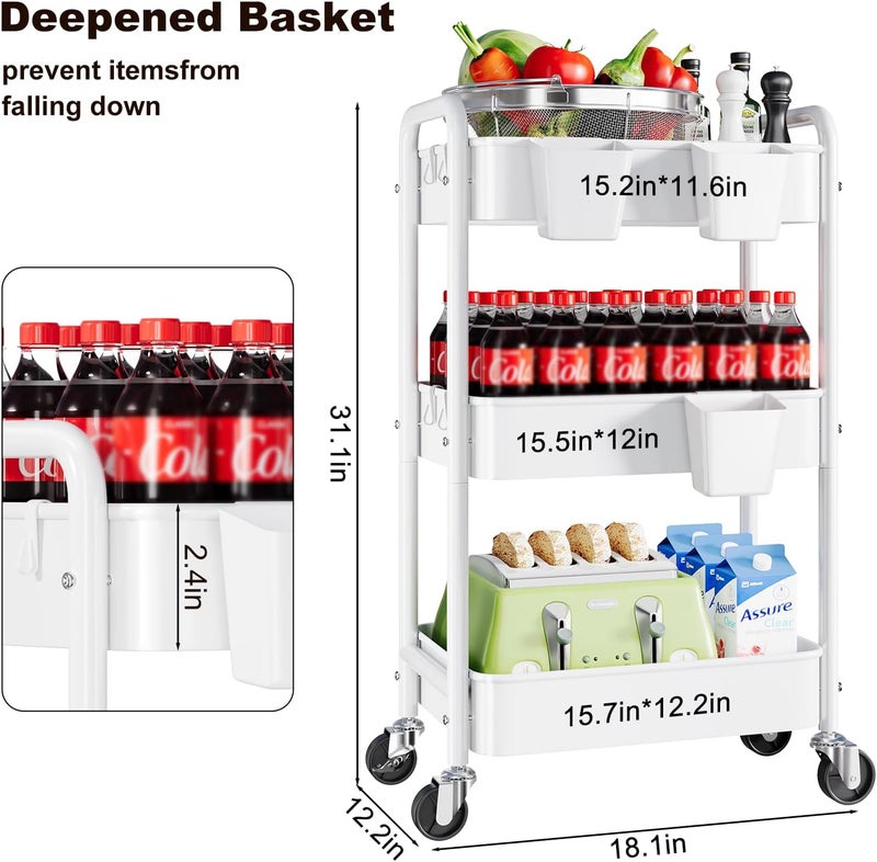 Aofure 3 Tier Rolling Cart Metal, Three Tiered Rolling Storage Cart on Wheels for Dorm, White Craft Carts Organizer, Utility Roller Carts with Wheels for Art, Baby, Diaper Caddy, Cleaning, Nail, Snack, Book - Image 2