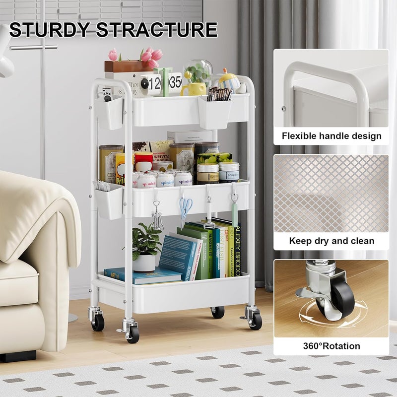 Aofure 3 Tier Rolling Cart Metal, Three Tiered Rolling Storage Cart on Wheels for Dorm, White Craft Carts Organizer, Utility Roller Carts with Wheels for Art, Baby, Diaper Caddy, Cleaning, Nail, Snack, Book - Image 4