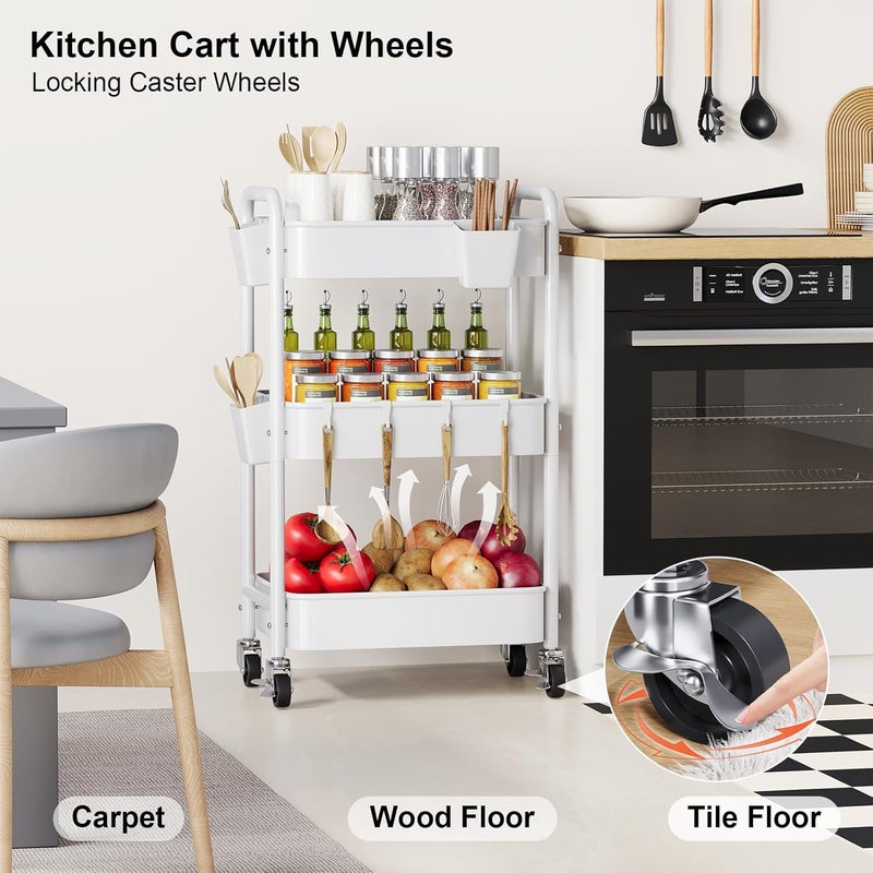 Aofure 3 Tier Rolling Cart Metal, Three Tiered Rolling Storage Cart on Wheels for Dorm, White Craft Carts Organizer, Utility Roller Carts with Wheels for Art, Baby, Diaper Caddy, Cleaning, Nail, Snack, Book - Image 3