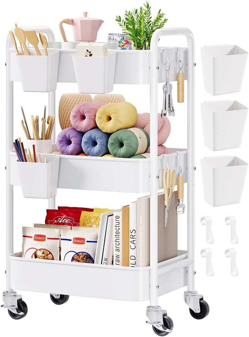 Aofure 3 Tier Rolling Cart Metal, Three Tiered Rolling Storage Cart on Wheels for Dorm, White Craft Carts Organizer, Utility Roller Carts with Wheels for Art, Baby, Diaper Caddy, Cleaning, Nail, Snack, Book - Image 1