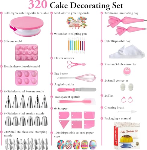 AKHMLEF Cake Decorating Kit,Piping Bags and Tips Set,Cake Decorating Supplies,Frosting Piping Kit,Cake Baking Supplies for Beginners (320PS) - Image 5