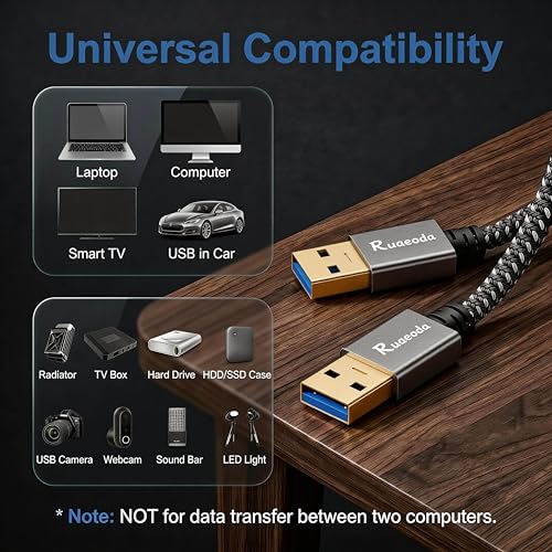 Ruaeoda USB to USB Cable 1.5 ft, USB 3.0 Male to Male Type A to Type A Double Sided USB Cord for Data Transfer Compatible with Hard Drive, Laptop, DVD Player, TV, USB 3.0 Hub, Monitor and More - Image 5