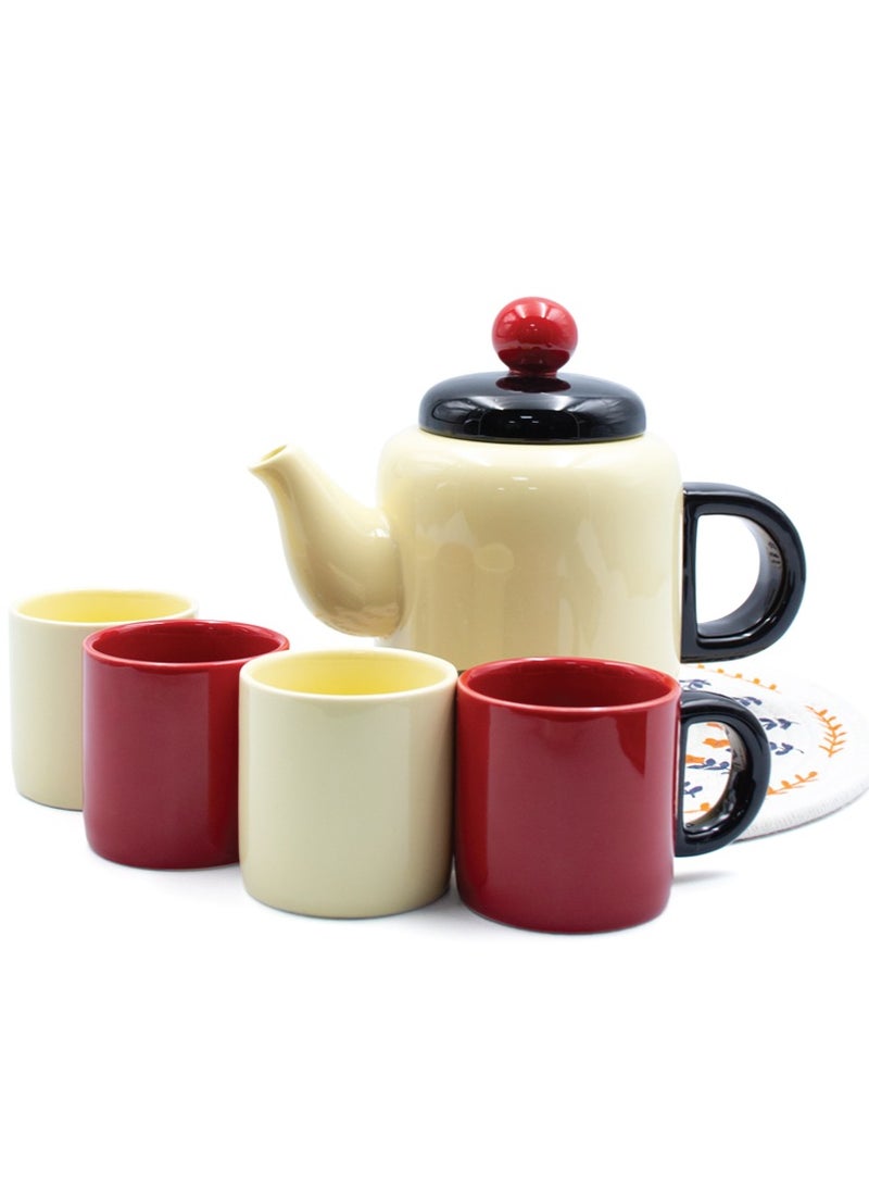 بيرام طقم شاي سيراميك بيرام، طقم إبريق شاي سعة لتر واحد، 140 مل، 4 أكواب، طقم برطمان واحد وغطاء واحد، طقم شاي مزخرف مع تغليف هدايا، طقم تقديم أنيق لحفلات الشاي باللونين الأحمر والأبيض - Image 1