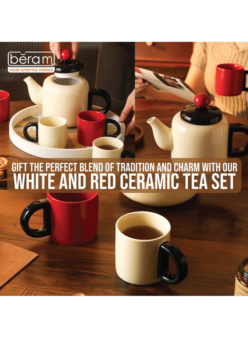 بيرام طقم شاي سيراميك بيرام، طقم إبريق شاي سعة لتر واحد، 140 مل، 4 أكواب، طقم برطمان واحد وغطاء واحد، طقم شاي مزخرف مع تغليف هدايا، طقم تقديم أنيق لحفلات الشاي باللونين الأحمر والأبيض - Image 2