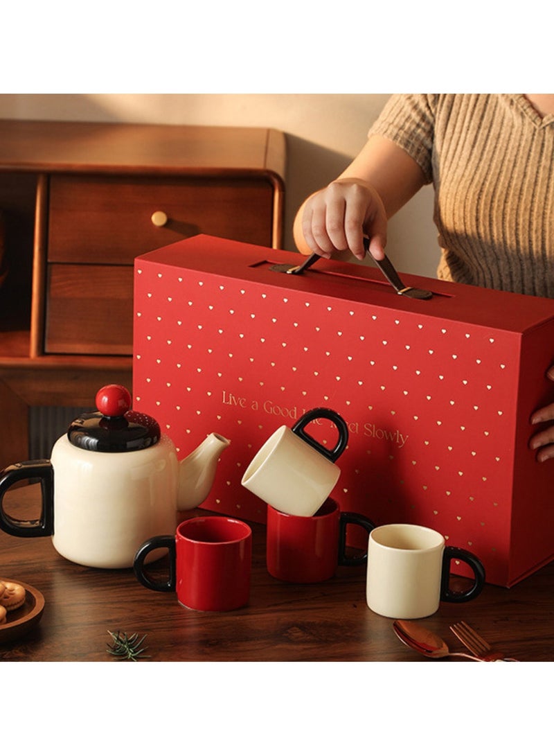 بيرام طقم شاي سيراميك بيرام، طقم إبريق شاي سعة لتر واحد، 140 مل، 4 أكواب، طقم برطمان واحد وغطاء واحد، طقم شاي مزخرف مع تغليف هدايا، طقم تقديم أنيق لحفلات الشاي باللونين الأحمر والأبيض - Image 4