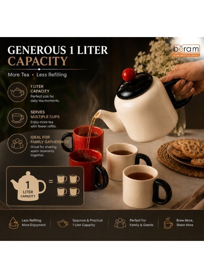 BERAM Ceramic Tea Pot Set with 4 Cups – Elegant Tea Set with 1L Teapot, Premium Ceramic Tea Serving Set, Tea Pot and Cup Set for Home, Office, Afternoon Tea, Coffee, Herbal Tea & Gift - Image 2