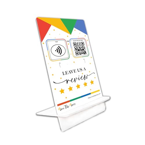 One Tap Only NFC Review Tap Stand – Smart Social Media & Business Card Alternative – NFC Tag & QR Code – Compatible with Google Review System, for All Smart Phones – Boost SEO, Engagement & Visibility (1 Stand) - Image 1
