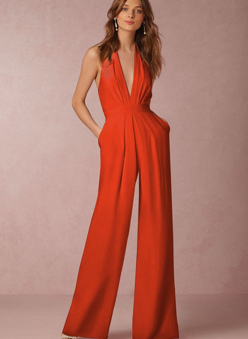 Loquat V-neck Jumpsuits Orange 