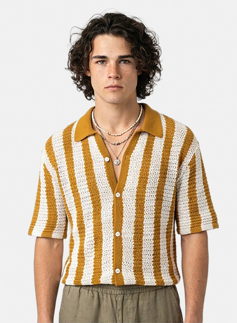RAVIN Men Mustard Vertical Striped Textured Knit Button-Down Shirt - Image 1