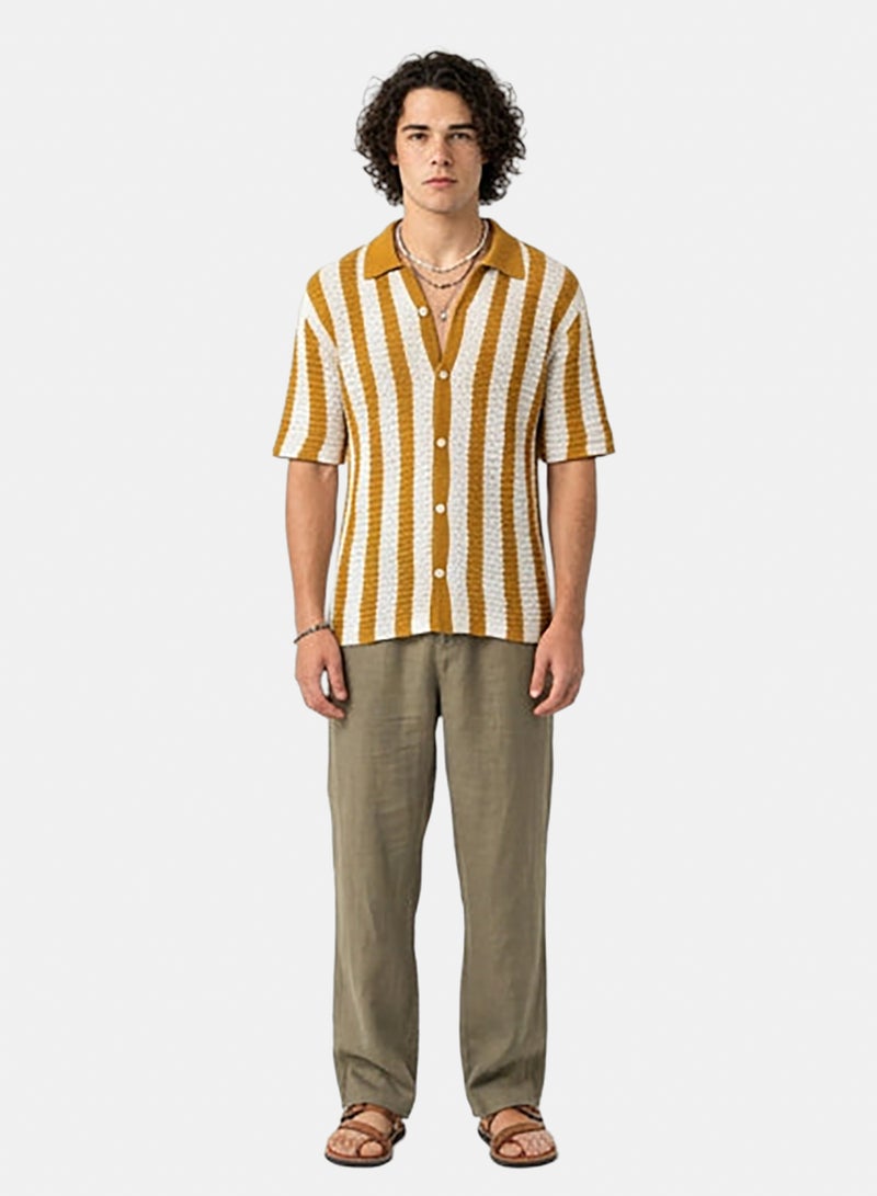 RAVIN Men Mustard Vertical Striped Textured Knit Button-Down Shirt - Image 3