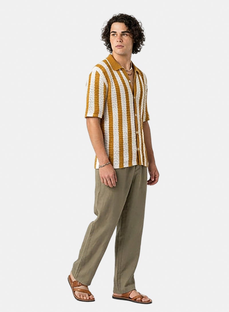 RAVIN Men Mustard Vertical Striped Textured Knit Button-Down Shirt - Image 4
