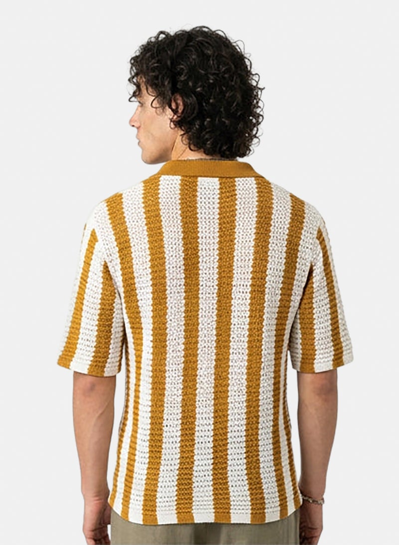 RAVIN Men Mustard Vertical Striped Textured Knit Button-Down Shirt - Image 2