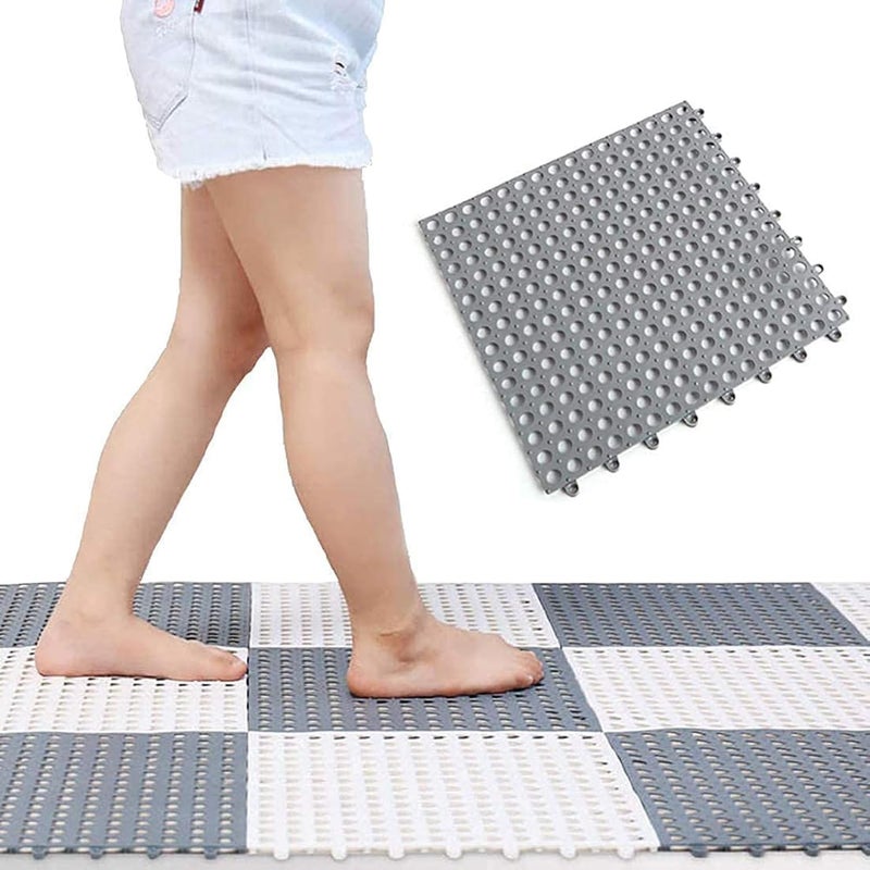 XIBO PVC Interlocking Floor Tiles Mats Bathroom Mat with Drain Holes Massage Pad Mat Soft Cushion Flooring Tiles for Pool Shower Bathroom Deck Patio Garage Areas White Grey 2