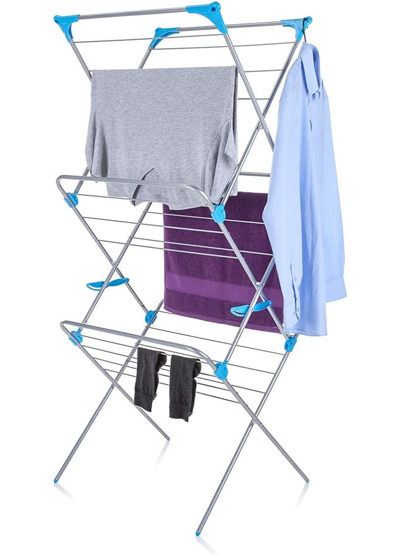 DubaiGallery 3-Tier Foldable Drying Rack Hang Clothes Towel Laundry Dryer for Indoor, Outdoor Silver/Blue  - Image 1