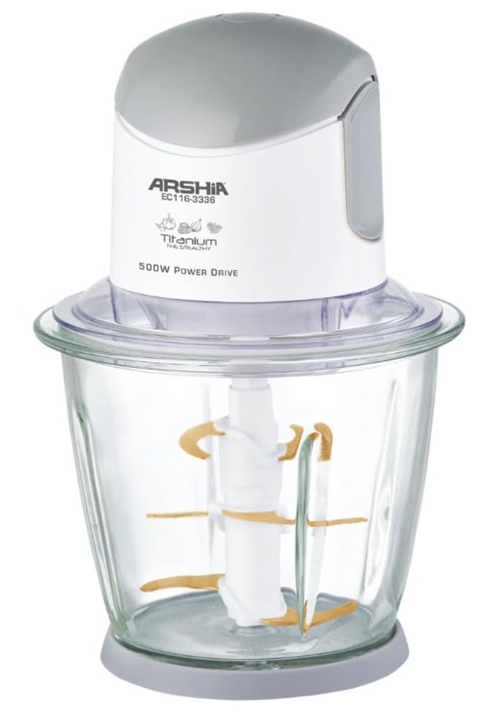 Arshia Titanium Electric Chopper with 500W Power Drive and 1.5L Glass Bowl