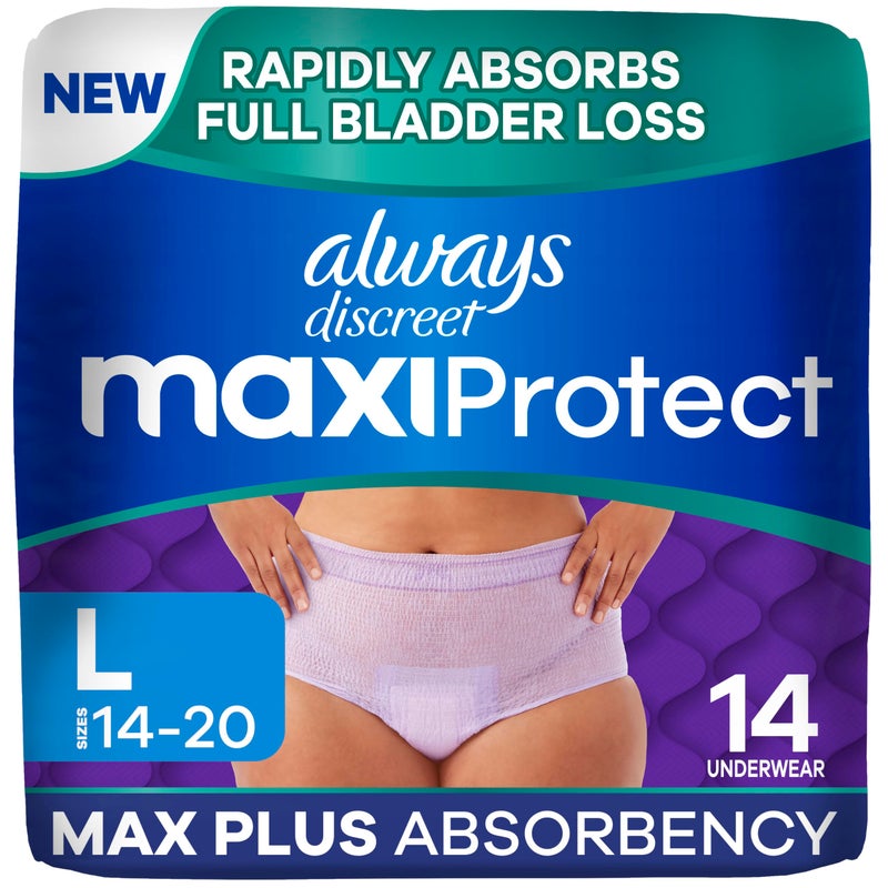 Always Discreet MaxiProtect Adult Diapers for Women, Incontinence Underwear, Postpartum Essentials, Bladder Leak Protection, Disposable Briefs, Maximum Plus Absorbency, Size L, 14 Count - Image 1