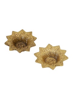 Jaszz Art Jaszz Art Brass Akhand Diya 3 inches and 300g Small Ethnic Design Handmade Curved Oil Wick Antique Kuber Deepak Lamp for Home Decor Temple Puja Office Counter Decoration Festival Gift Pack of 2 