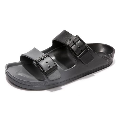 FUNKYMONKEY Women's Comfort Slides Double Buckle Adjustable EVA Flat Sandals (6 M US, Black/Grey) - Image 1