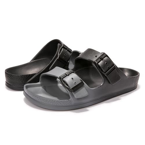 FUNKYMONKEY Women's Comfort Slides Double Buckle Adjustable EVA Flat Sandals (6 M US, Black/Grey) - Image 5