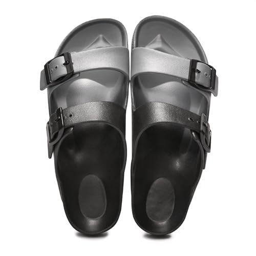 FUNKYMONKEY Women's Comfort Slides Double Buckle Adjustable EVA Flat Sandals (6 M US, Black/Grey) - Image 4