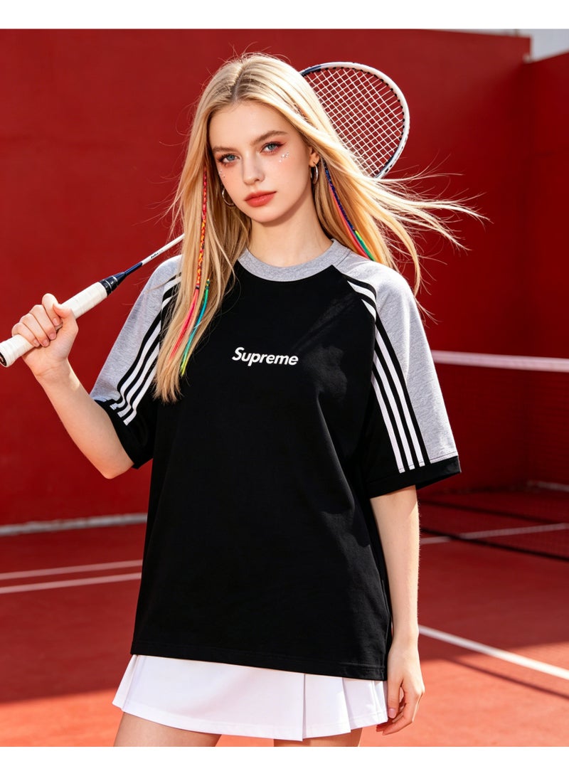 SUPREME American campus contrast color three-bar raglan sleeves heavy cotton loose meat cover men and women tide brand T-shirts - Image 2