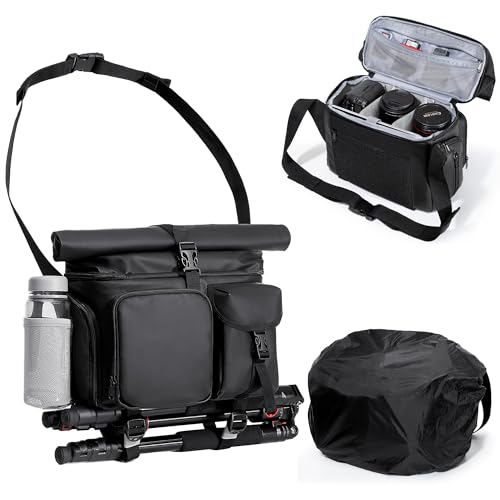 Smasrob Camera Bag with Tripod Holder Rain Cover and Hidden Water Bottle Holder Camera Sling Bag with Extra Storage Section Black - Image 1