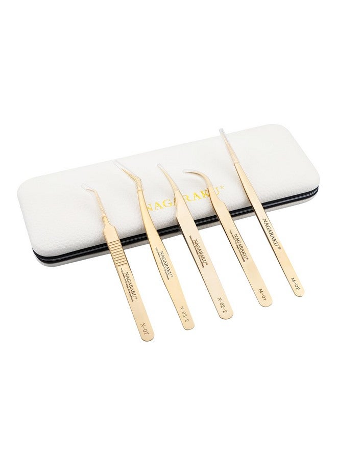NAGARAKU 5 Pcs Tweezers For Eyelash Extensions Straight And Curved Precision Professional Volume Easy Fanning Lash Precise Point With Storage Case Bag - Image 1