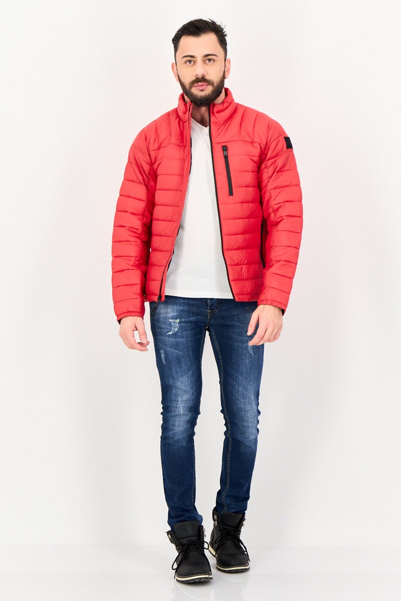DKNY Men Quilted Puffer Jacket With Packable Bag, Red - Image 4