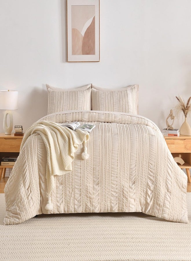 DHSFKBE Beige Tufted Comforter Set Queen Size 7 Piece Bed in a Bag，Shabby Chic Boho Bedding for Bedroom Comforter，All Season Soft Microfiber Ruffle Comforter Set with Pillow and Sheets - Image 2