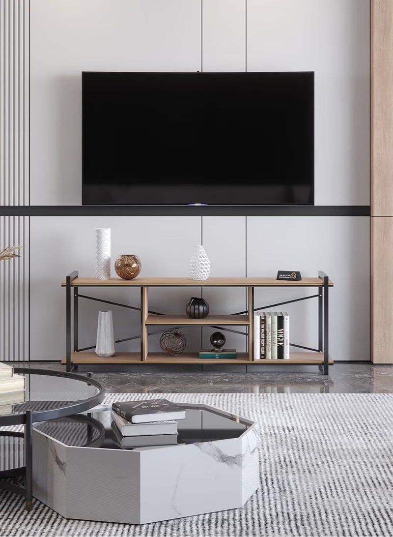 AGD A brown TV table with a large storage capacity, made of modern wood and metal legs - Image 4