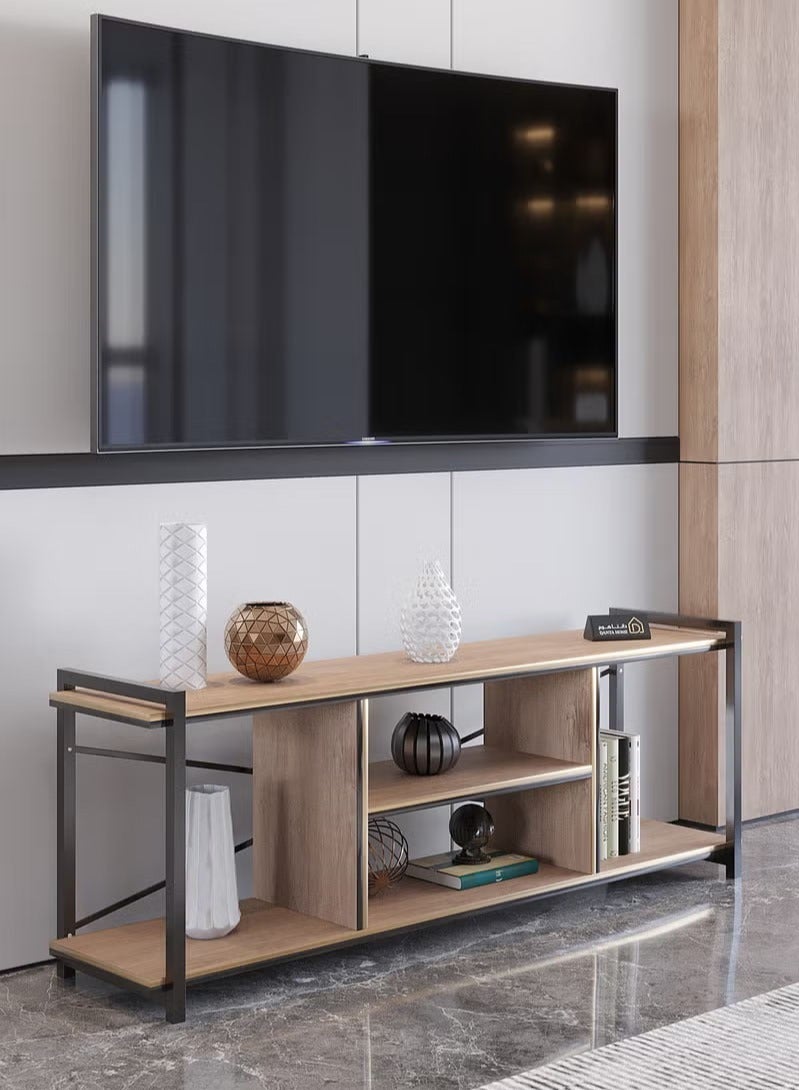 AGD A brown TV table with a large storage capacity, made of modern wood and metal legs - Image 5